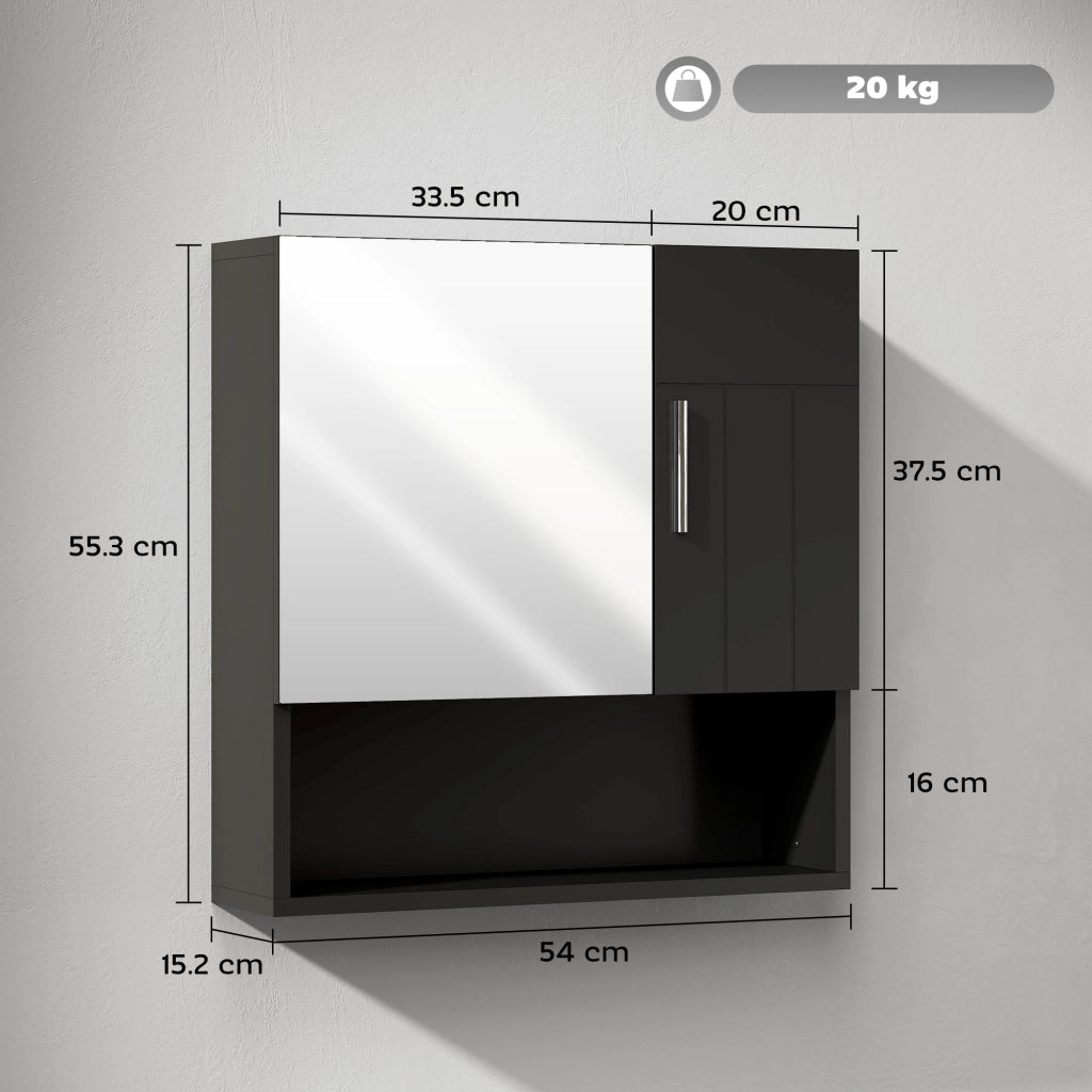 Armadietto Specchiera Bagno in Legno con Mensole Regolabili e Ripiano Aperto, 54x15.2x55.3 cm, Nero