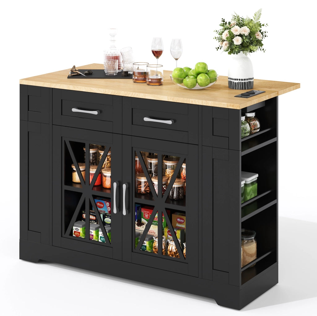 Isola cucina mobile 120x40(65)x92 cm con piano ribaltabile; prese AC e USB in MDF nero e naturale