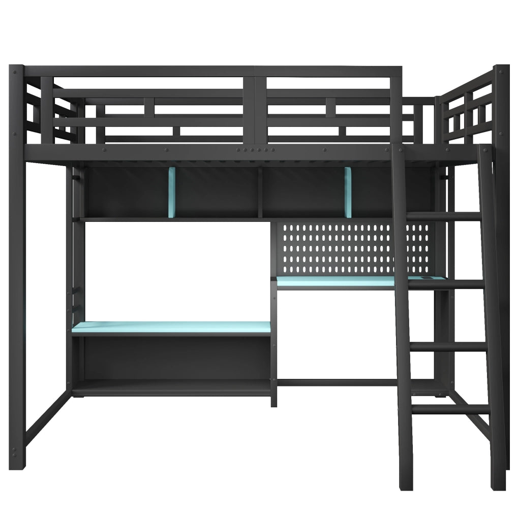 LETTO a soppalco 140x200 cm stile gaming con scrivania LED e ripiani nero