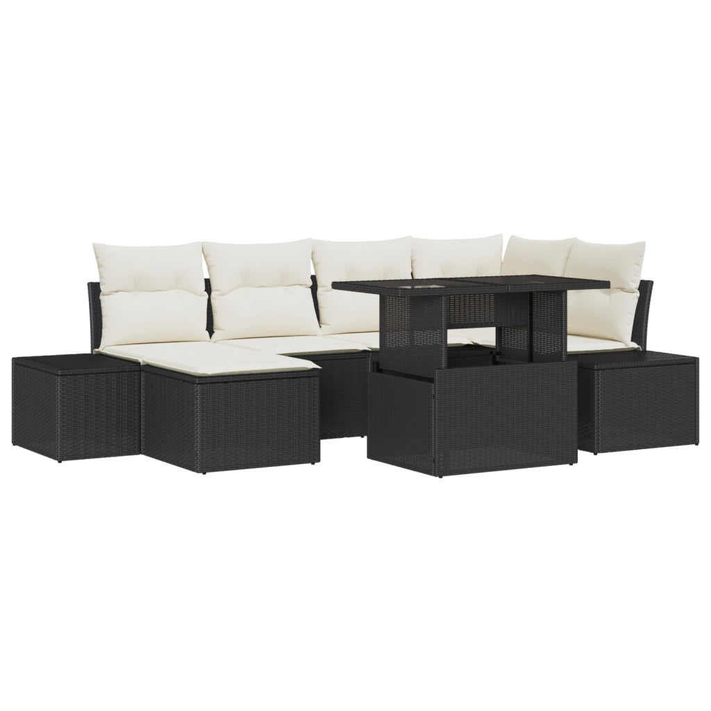 Set da giardino composto da 7 pezzi con cuscini in polirattan nero