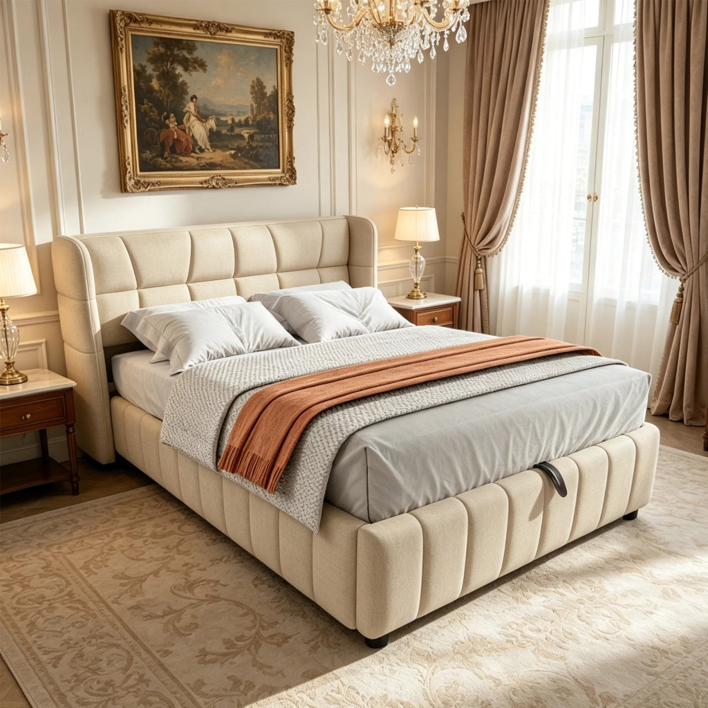 Letto contenitore 140 × 200 cm con vano sollevabile, senza materasso, in tessuto, beige