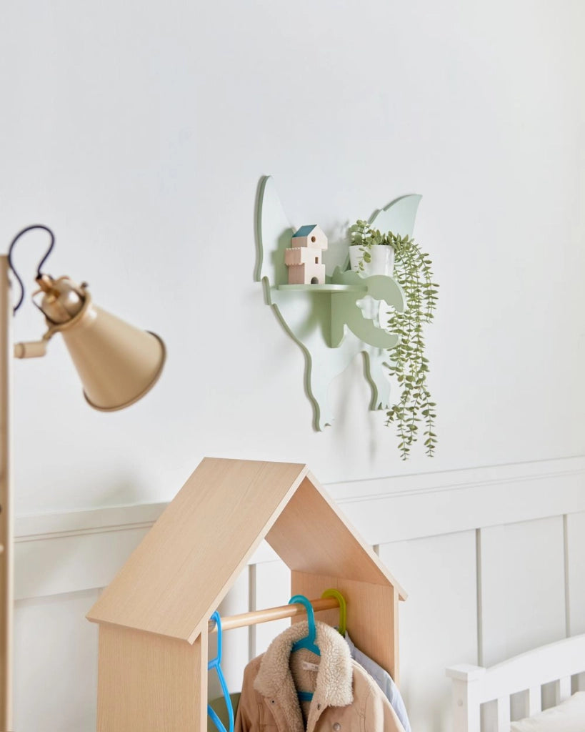 Mensola a muro in MDF a forma di dinosauro per la cameretta in verde chiaro per bambini
