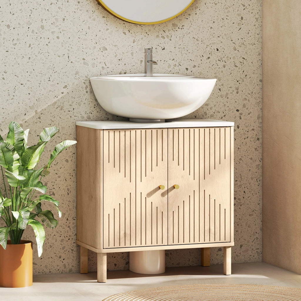 Mobile Sottolavabo a 2 Ante con Ripiano Effetto Marmo e Mensola Regolabile. Rovere