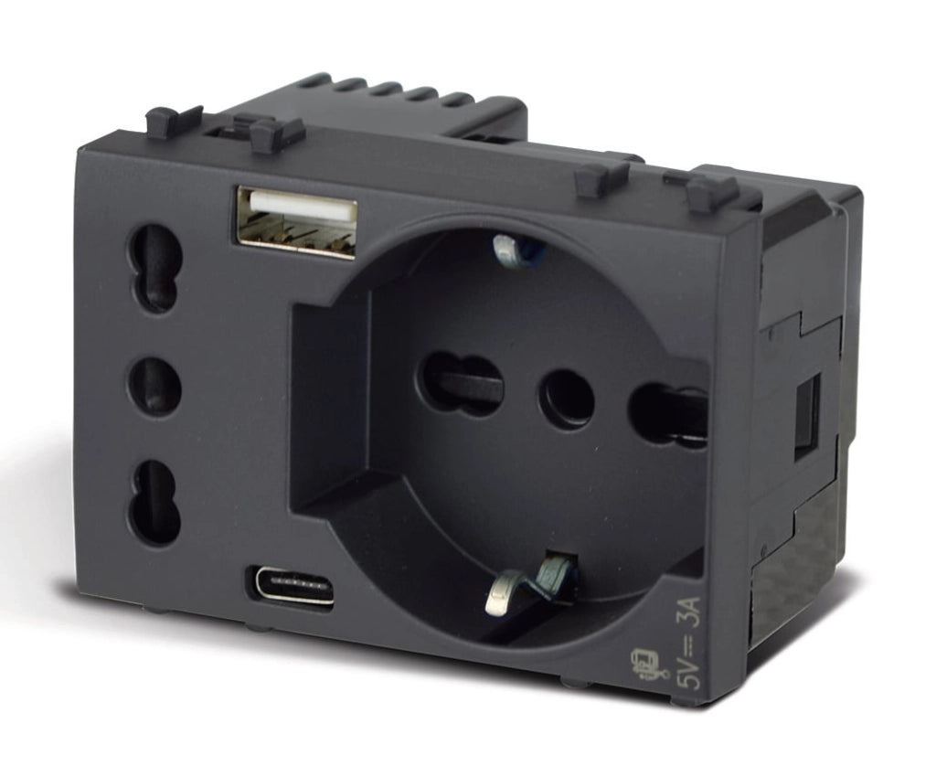 Tekla S44 Presa Schuko Presa Italiana USB-A e USB-C 2P+T 10/16A 250V 3 Moduli Grigio Opaco, 44509015USB