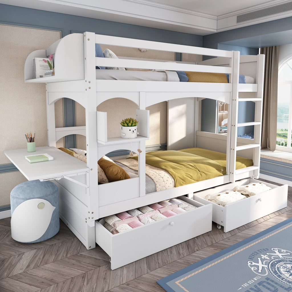 LETTO A CASTELLO con scrivania pieghevole, scaffale e 2 cassetti 90x200 cm Bianco
