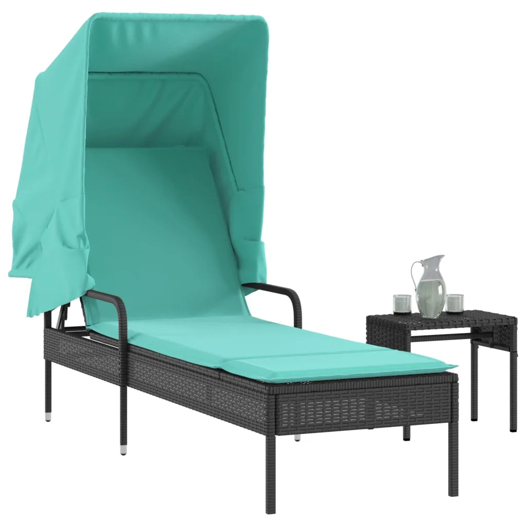Lettino prendisole con tettuccio e Tavolino in Polyrattan Nero 368205