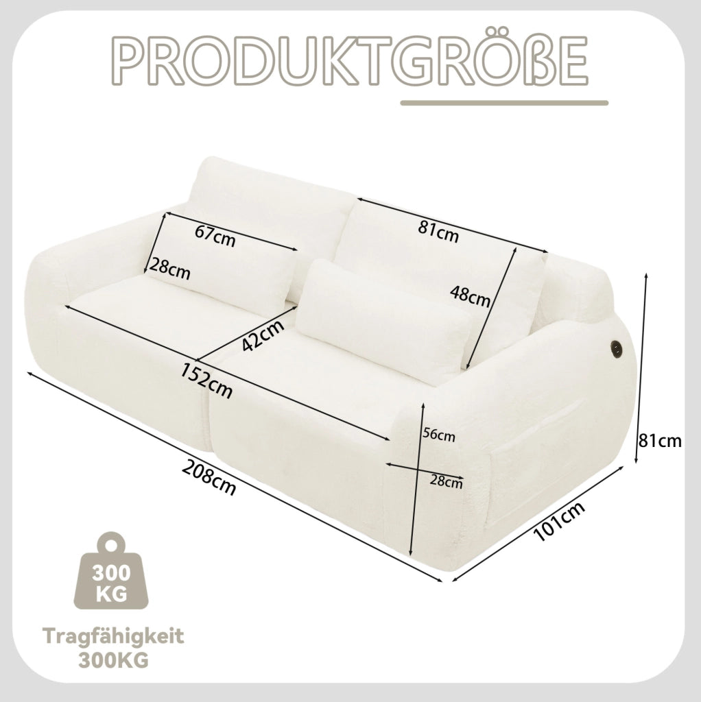 Divano a 2 posti con ricarica USB e tasca laterale in foam beige