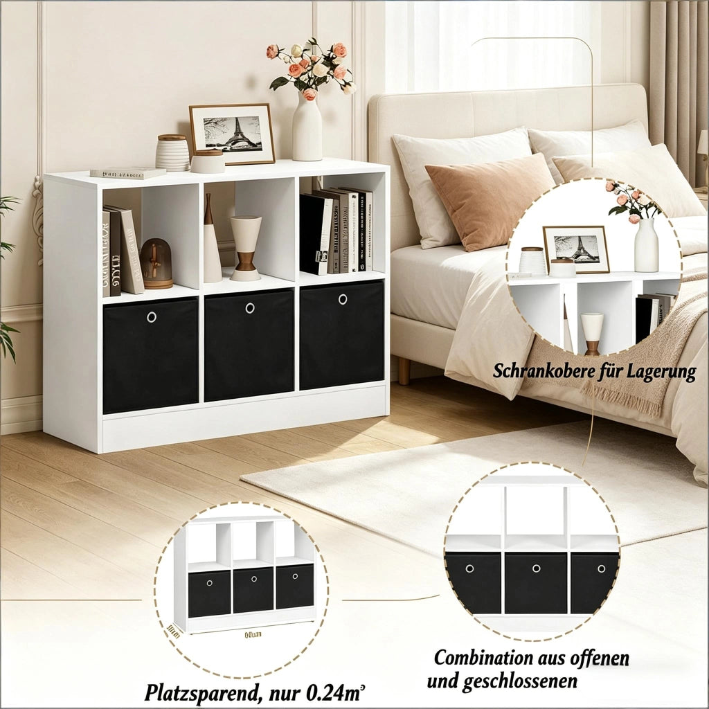Libreria a cubi con 3 cassetti in tessuto e vani aperti per casa e ufficio in legno ingegnerizzato 80 × 30 × 61 cm
