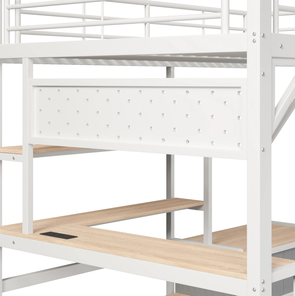 Letto a castello 140x200 cm in metallo e MDF con scrivania; LED; USB e contenitori; bianco
