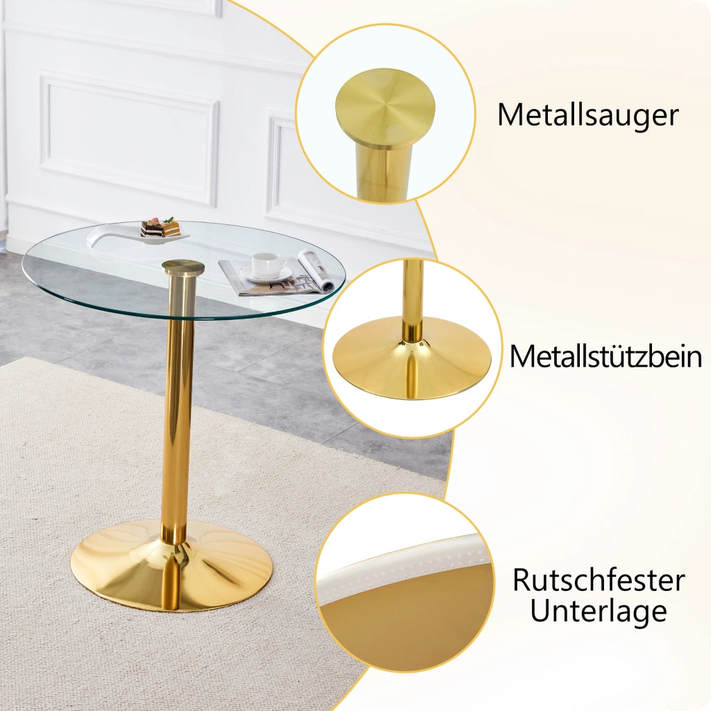 Tavolo da bar rotondo con piano in vetro trasparente e base in metallo, per casa e locali, oro trasparente, Ø 89 × 92 cm