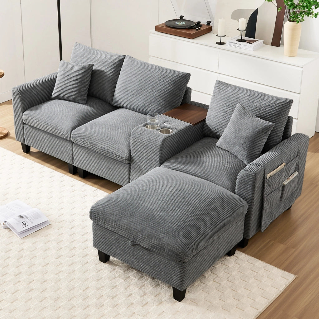 Divano angolare modulare 4 posti in velluto a coste grigio con pouf; console; USB e portabicchieri