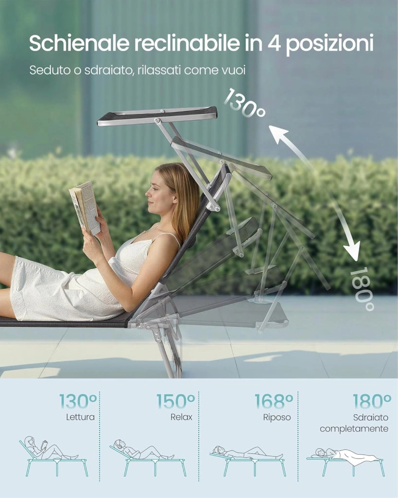 SONGMICS Sedie a Sdraio Pieghevoli, 189 x 53 x 28,5 cm, Lettini Prendisole, Portata 110 kg Ciascuno, Parasole e Schienale Regolabili, per Terrazza e Balcone, Set da 2, Nero GCB294BZ02