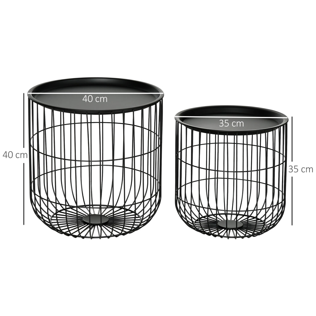 Set 2 tavolini da caffè rotondi impilabili in acciaio nero con vano contenitore, stile scandinavo