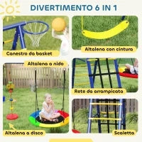 Gioco per Bambini 3-8 Anni con 3 Altalene, Scala a Corda e Canestro Basket, in Acciaio, PE e PP, 3.5x1.8x2 m