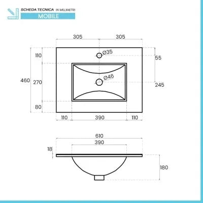 Mobile bagno sospeso 60 rovere grigio con lavabo e specchio LED  Oslo