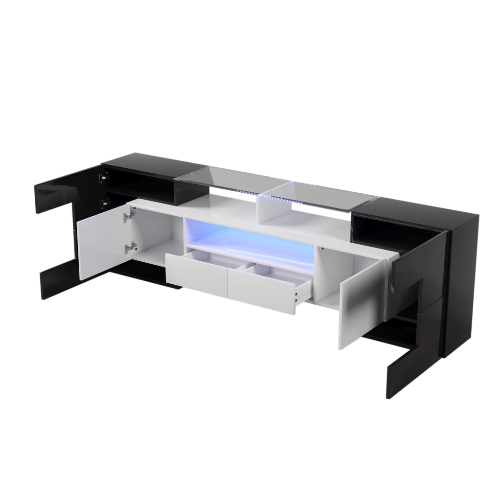Mobile TV a Pannello Basso con LED ¨C MINIMAL ¨C Bianco Lucido e Nero, 200 cm
