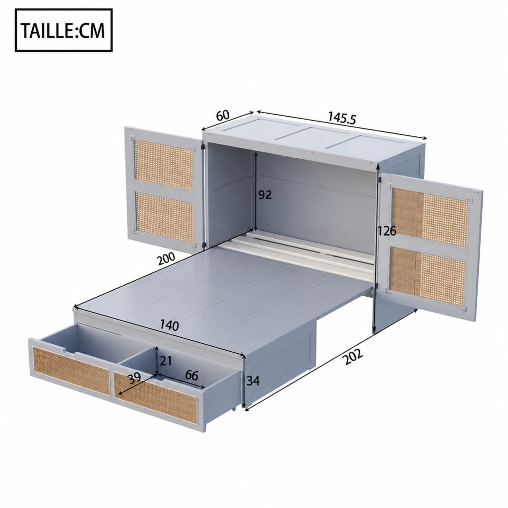 DESMIU Letto a scomparsa 2 posti con 2 cassetti, vano contenitore e ante a 270°, 140 × 200 cm, senza materasso, grigio