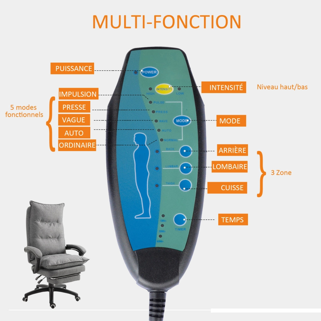 Sedia da Ufficio Ergonomica con Massaggio ¨C Xylo ¨C Schienale Reclinabile, Poggiapiedi, Telecomando, Grigio