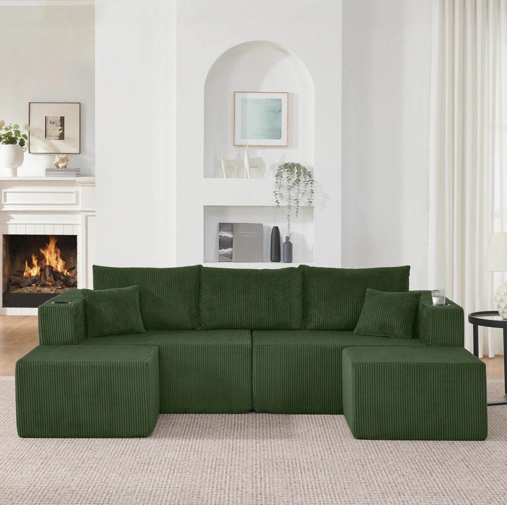 Divano angolare modulare 3 posti con 2 pouf mobili; portabicchieri e tasche laterali; verde
