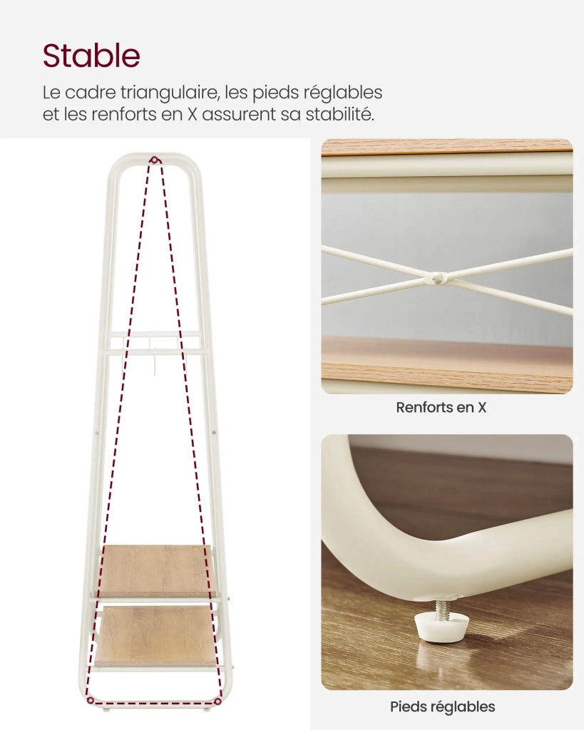 Appendiabiti in stile industriale 45 x 100 x 160 cm robusto appendiabiti con 2 ripiani 6 ganci a S struttura in acciaio per camera da letto stile industriale bianco 12_0006992
