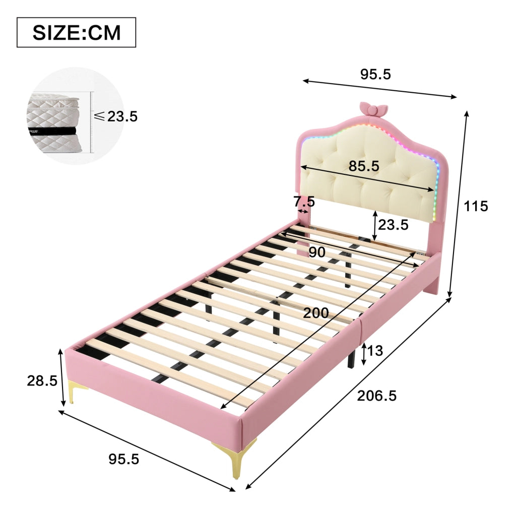Letto singolo imbottito 90x200 cm con LED, rosa e bianco