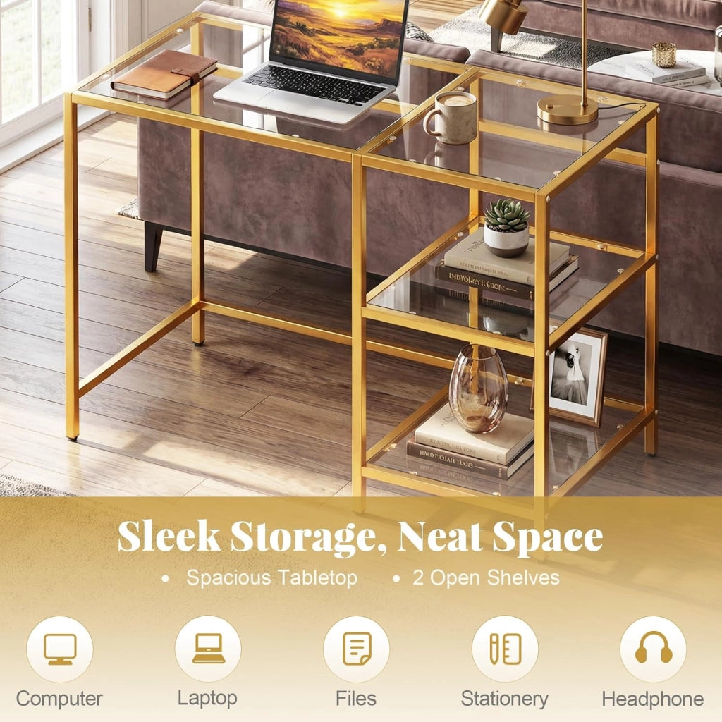 Scrivania in Vetro Temperato 106 x 51 x 77 cm, Tavolo PC Multifunzionale Salvaspazio con 2 Ripiani, Consolle Trucco Moderna per Camera da Letto, Studio, Ufficio e Soggiorno (Oro)