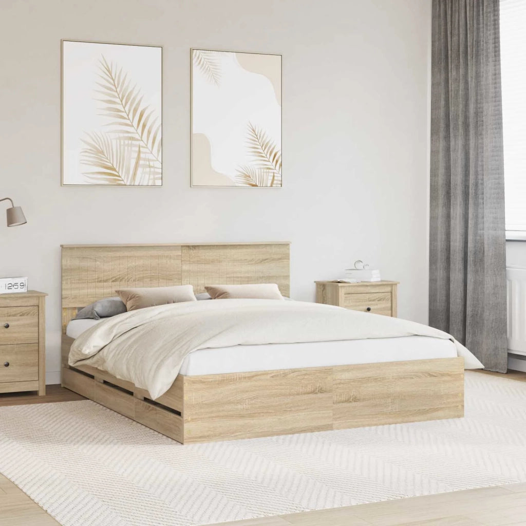 Struttura del letto con cassetto-Giroletto con contenitore-Rete del Letto Rovere Sonoma 160 x 200 cm 703616