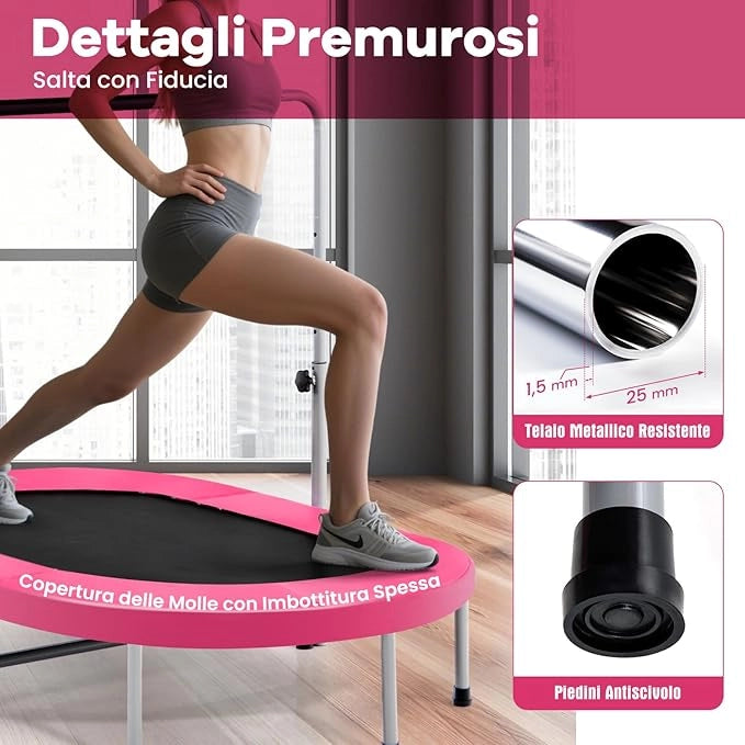 Trampolino Elastico da Interno ed Esterno, Tappetino Elastico Pieghevole per Adulti e Bambini con Maniglia Regolabile, Molle e Cuscinetto di Sicurezza, Trampolino Ovale per 2 Persone