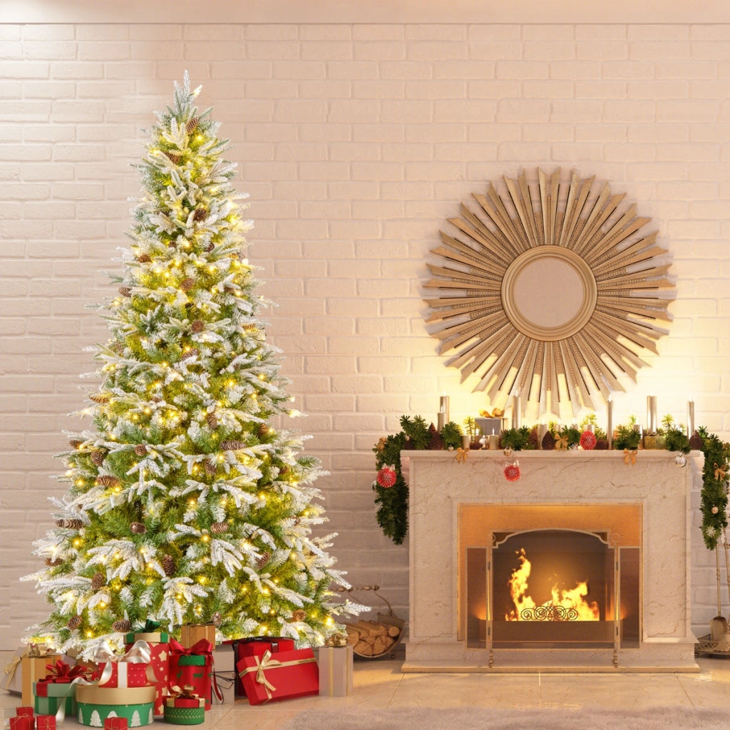Albero di Natale artificiale pre-luminoso 225cm con rami articolati e 1135 punte, Albero di Natale foderato di neve-Alberi di Natale