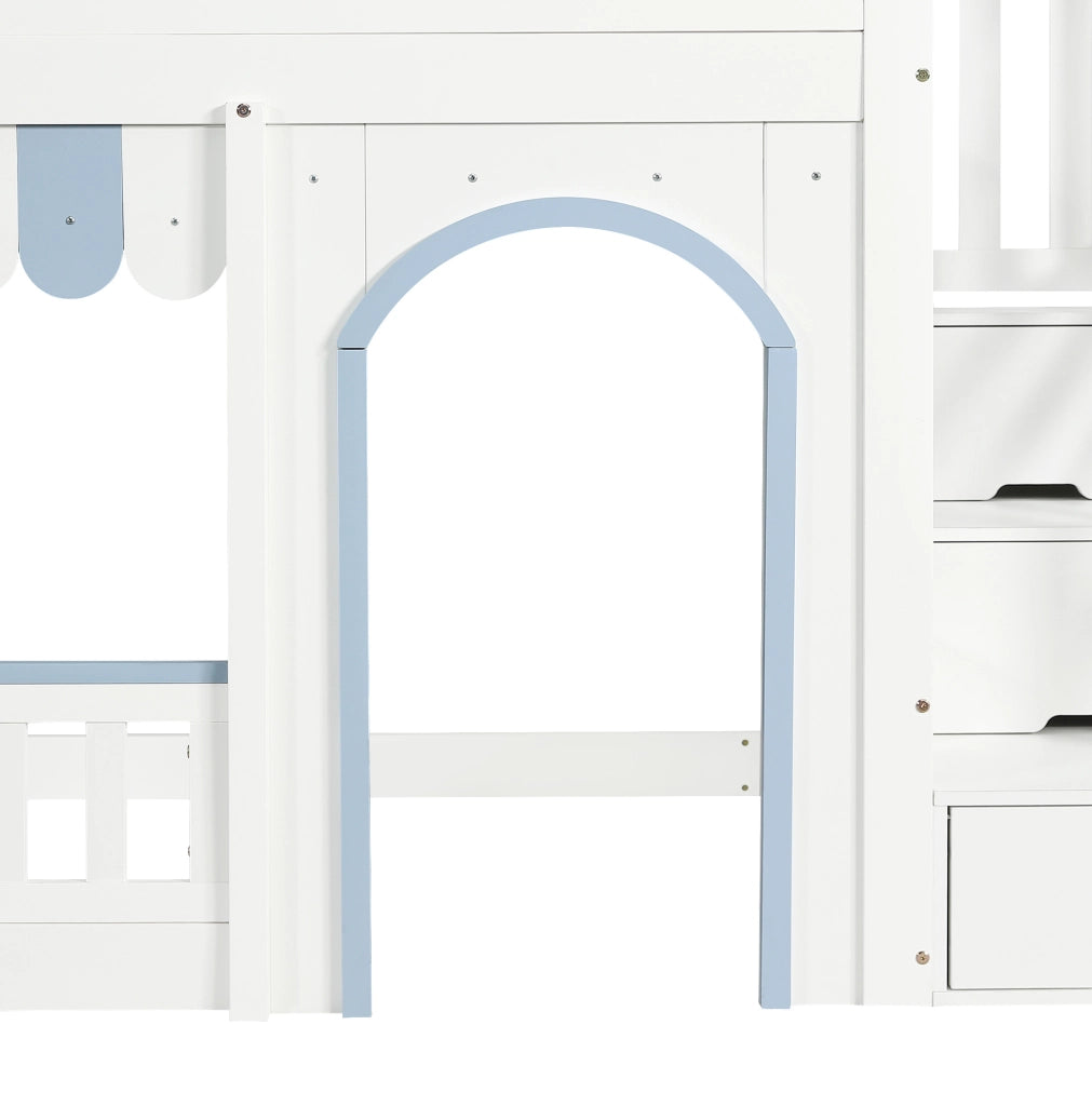 Letto a castello per bambini 90x200 cm bianco e blu con scala