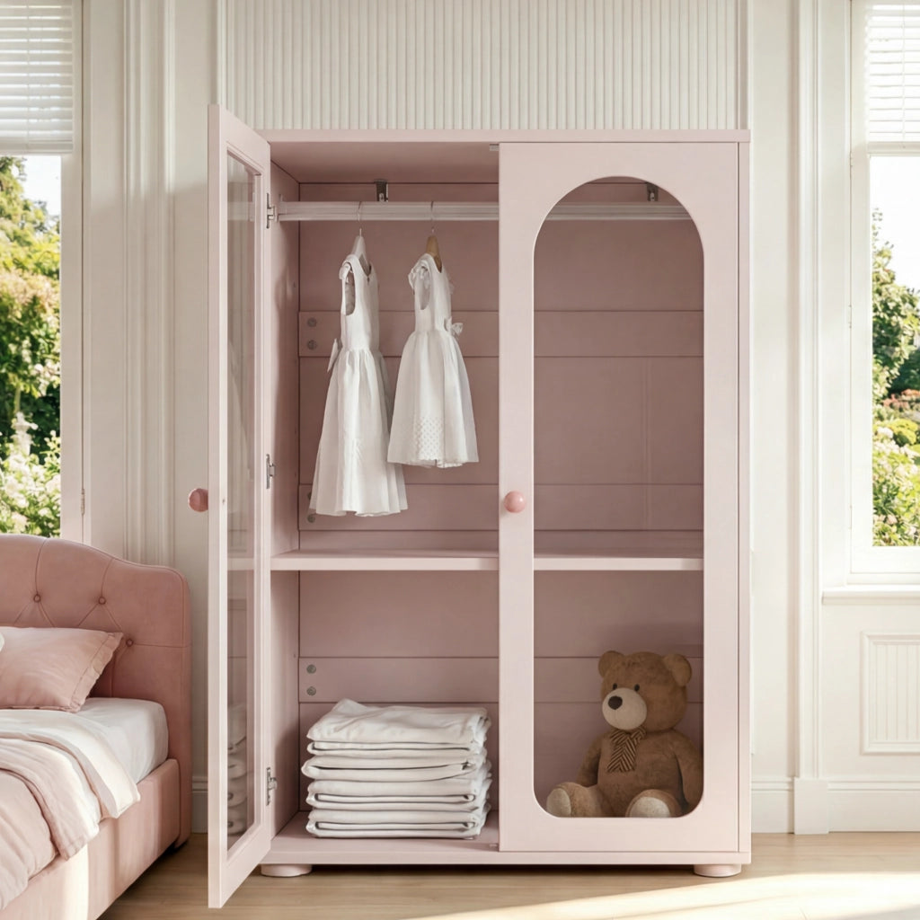 Armadio a 2 ante con ripiani regolabili e ante trasparenti in acrilico, per camera, rosa baby, 80 × 50 × 120 cm