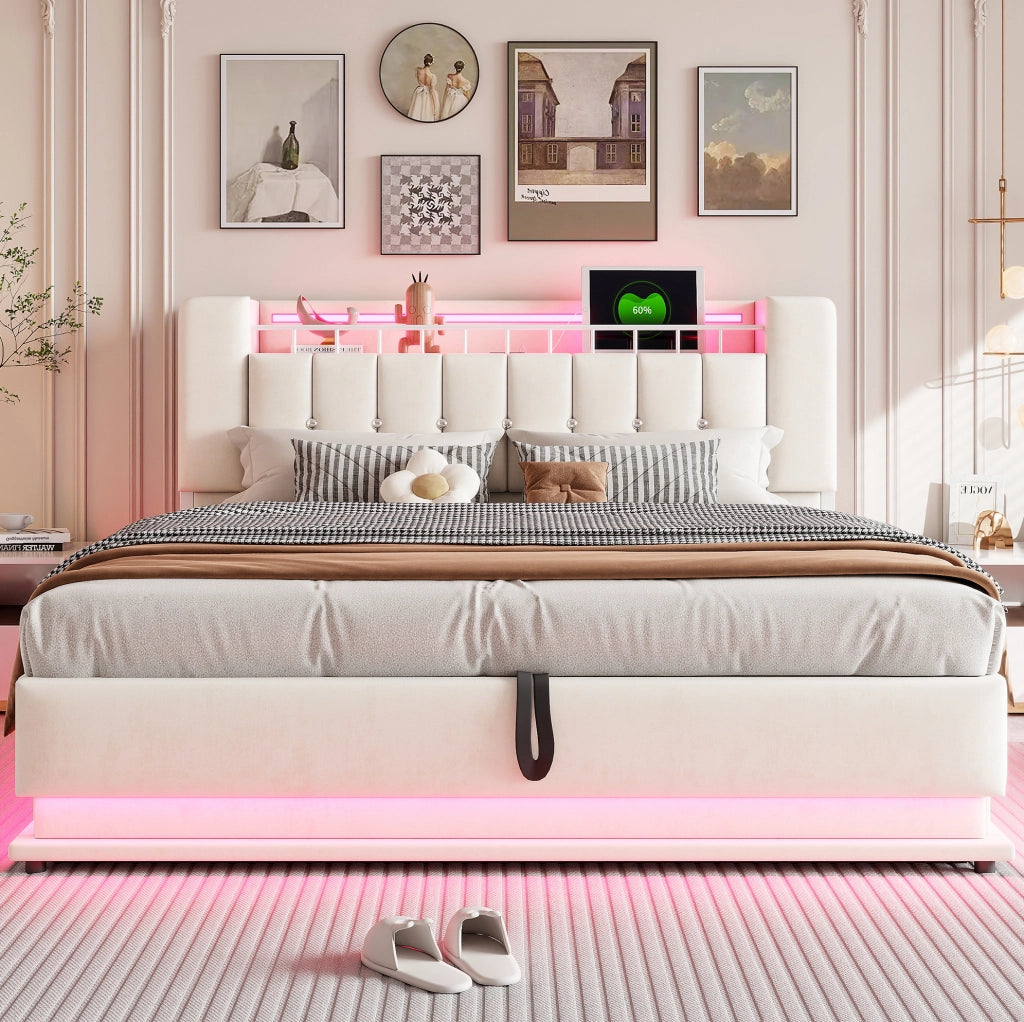 Letto imbottito matrimoniale 180x200 cm con LED; porte USB e contenitore idraulico; beige