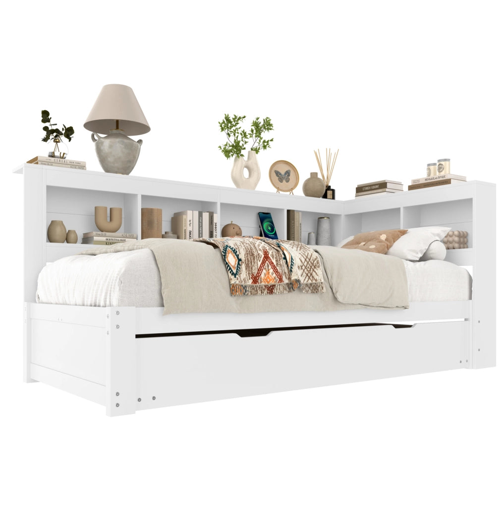 Divano letto estraibile 90 x 200 cm con prese e USB, bianco