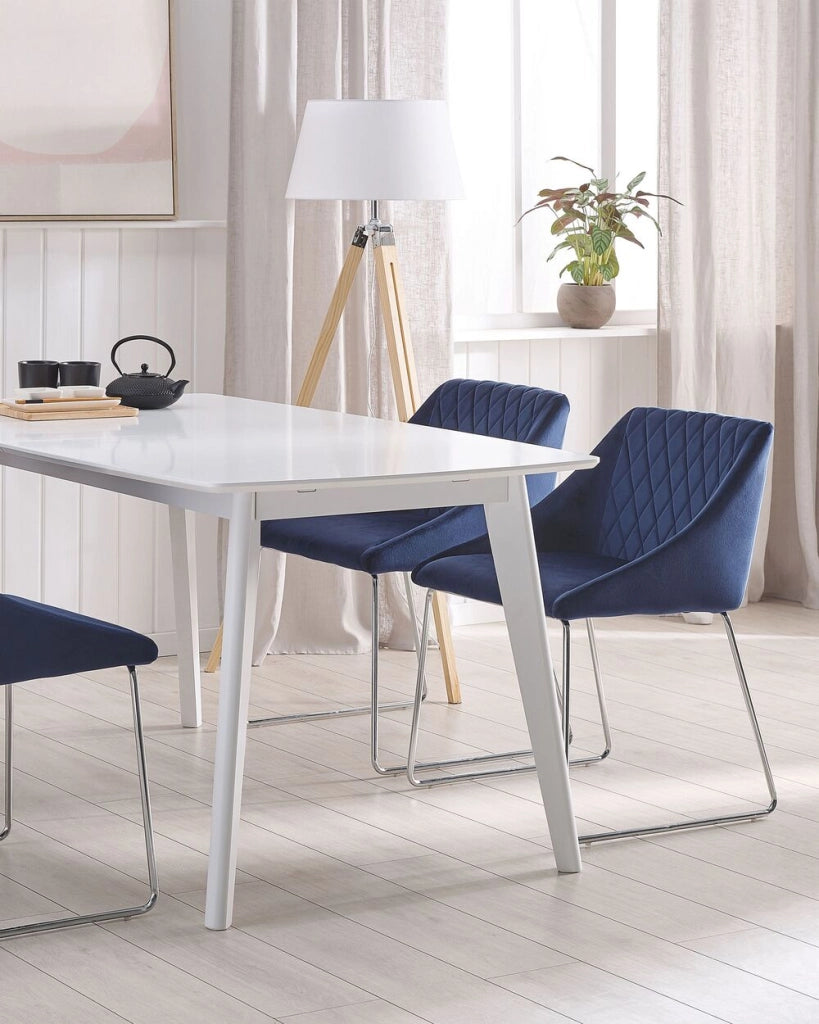 Set di 2 sedie da pranzo in tessuto velluto blu navy gambe in metallo cromato stile moderno
