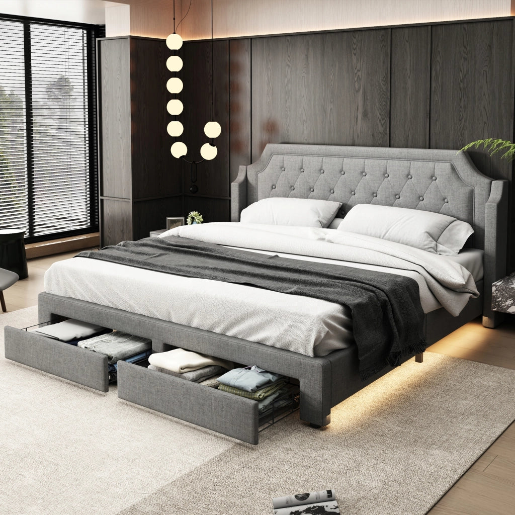 Letto matrimoniale 180x200 - Xylo - LED, 2 cassetti, lino, grigio