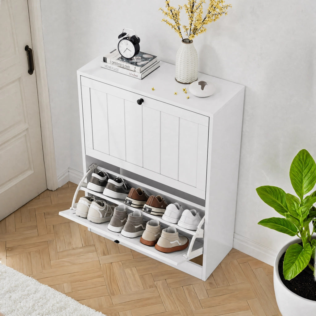 Scarpiera con 2 ante a ribalta e vani contenitore, design moderno per ingresso e corridoio, bianco, 92.5 × 42.0 × 17.8 cm