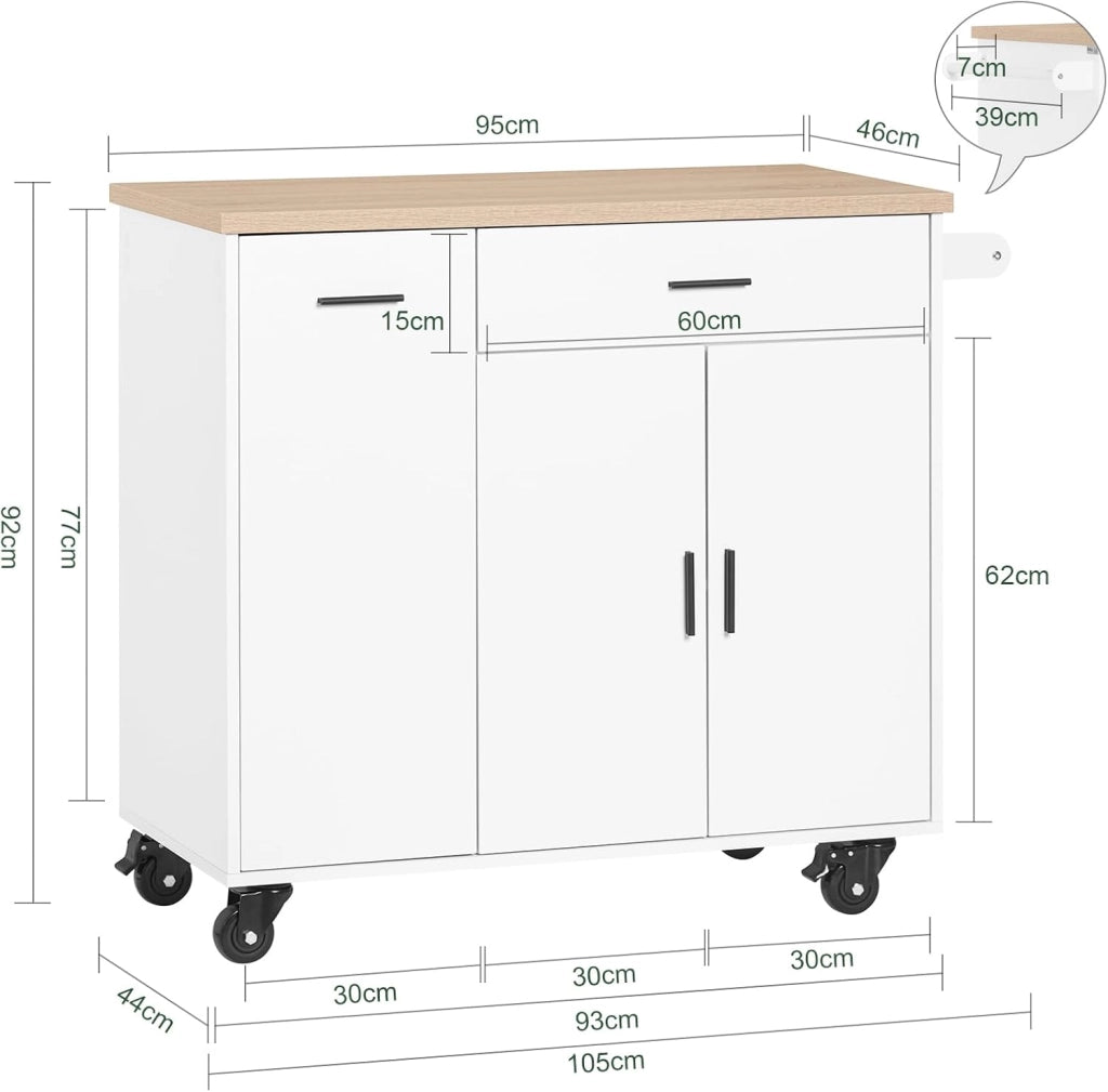 Carrello Cucina Isola Cucina con Ruote Mobile da Cucina Salvaspazio con Cassetti, Penisola Cucina con Piano Lavoro - Mobile Cucina con Ruote Portatutto Bianco 105x46x92 cm FKW126-WN