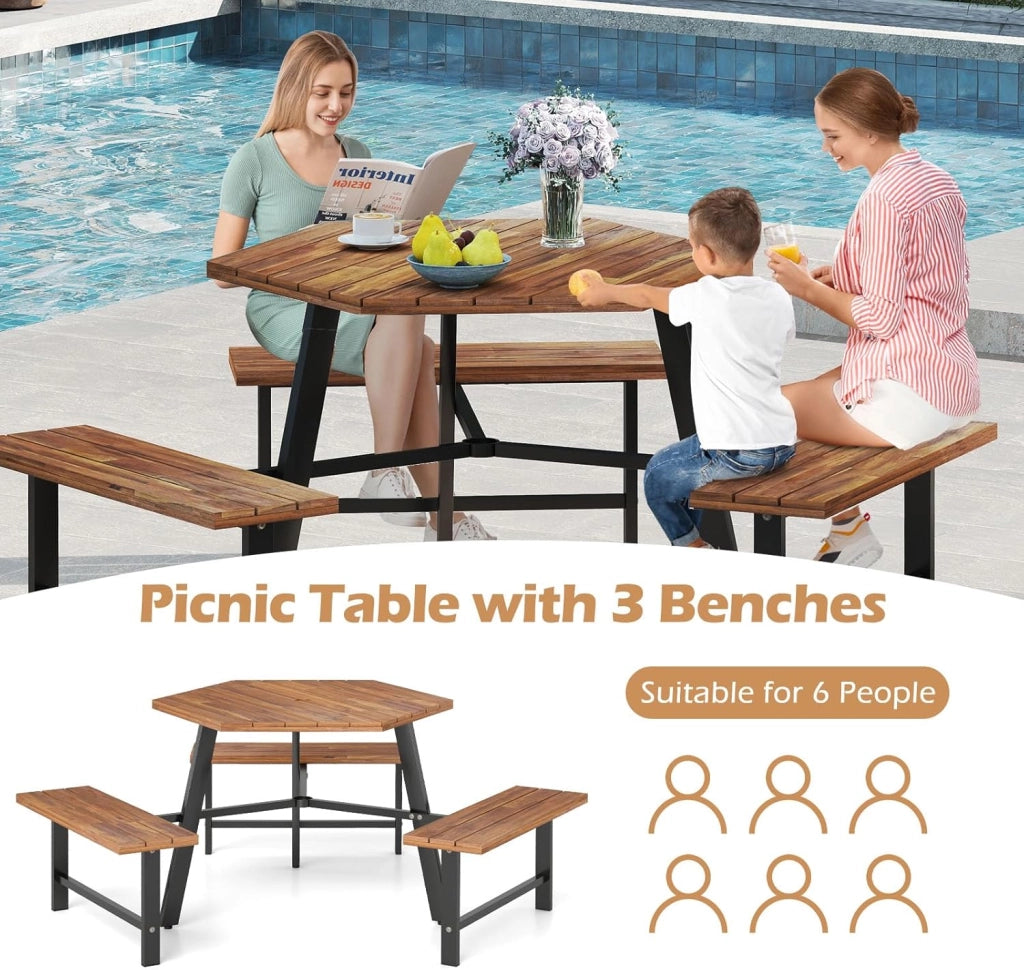 Tavolo da Picnic per 6 Persone, Tavolo da Giardino in Legno di Acacia con Foro per Ombrellone e 3 Panche Integrate, Set da Pranzo Resistente alle Intemperie per Terrazza, Cortile, Giardino
