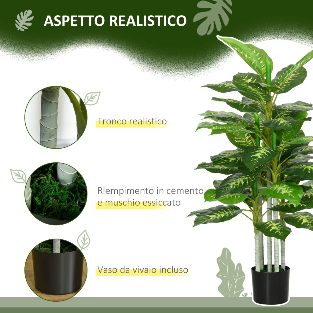 Pianta Artificiale Decorativa Alta 120 cm con Vaso Nero per Interni ed Esterni