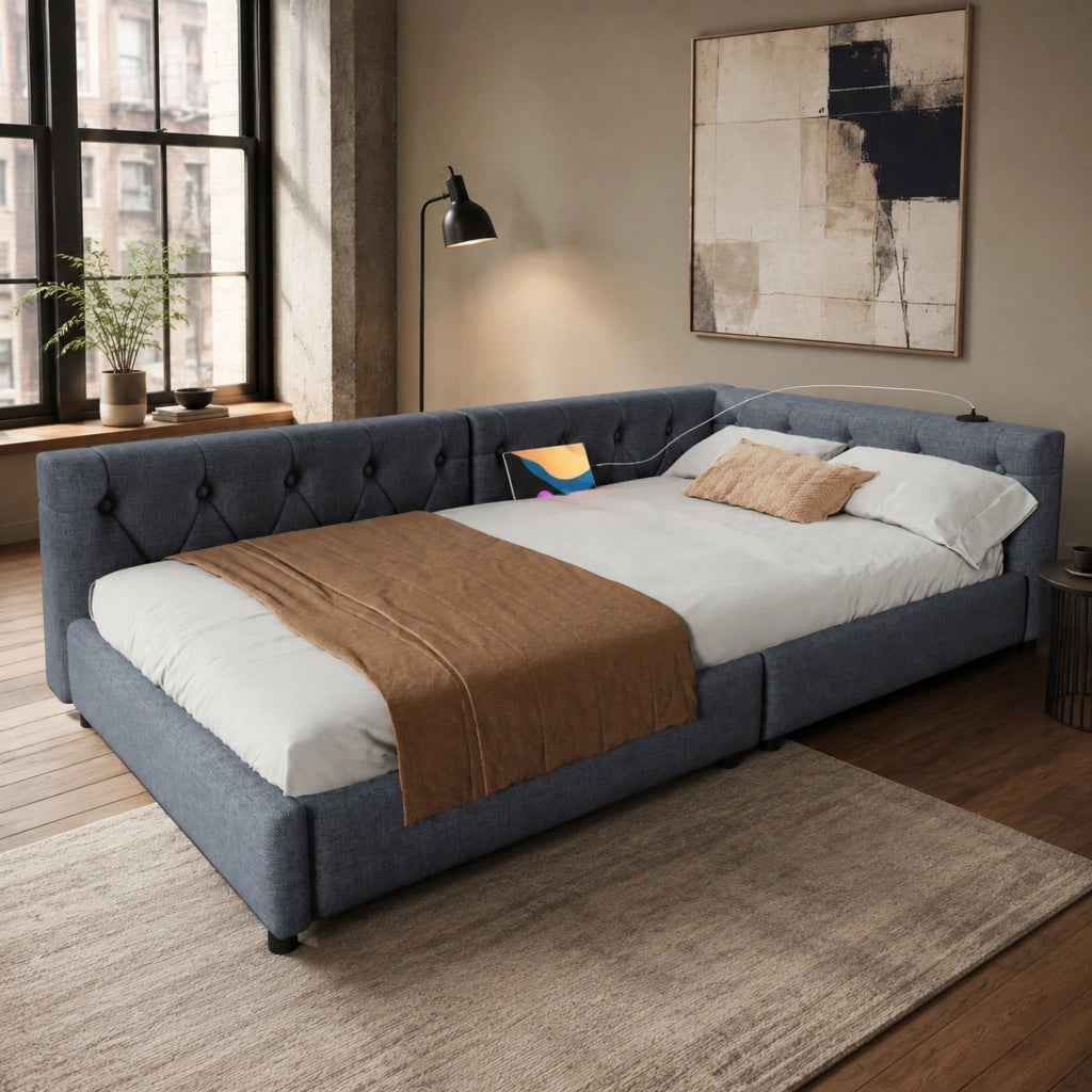 Divano letto giorno 90x200 cm in lino e MDF; grigio; con LED e USB/Type-C