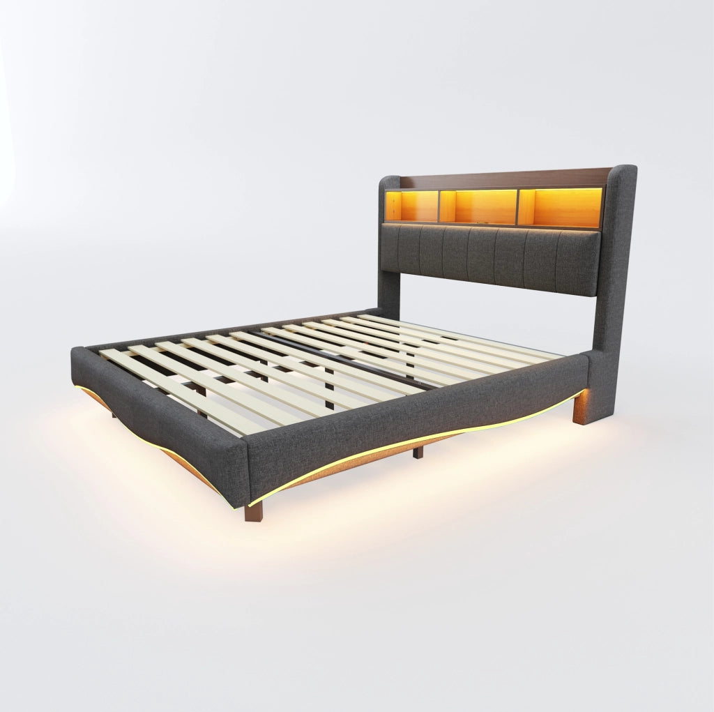Letto imbottito sospeso 140x200 cm grigio con LED; USB e Type-C