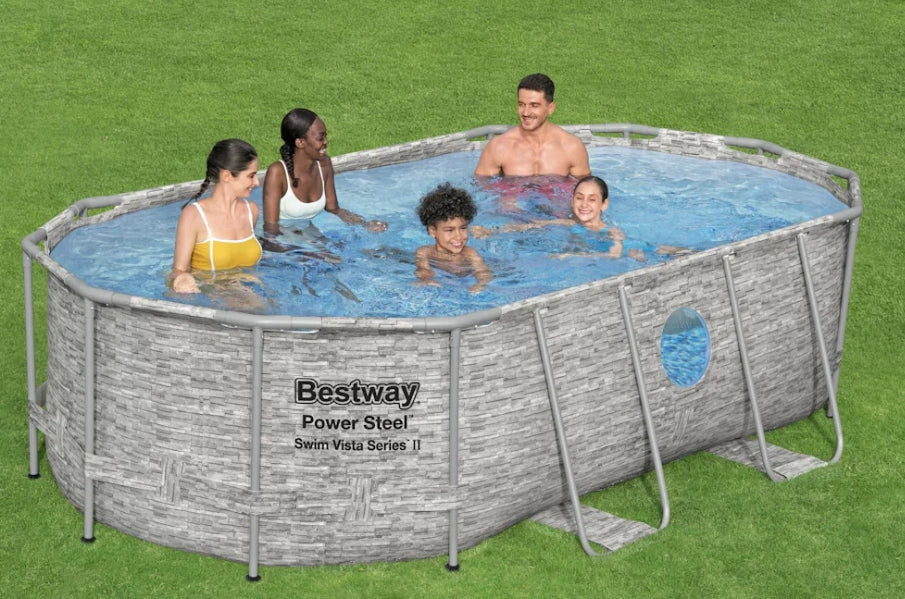 Bestway 56714 piscina fuori terra ovale effetto pietra power steel swim vista  con oblò 427x250x100 cm