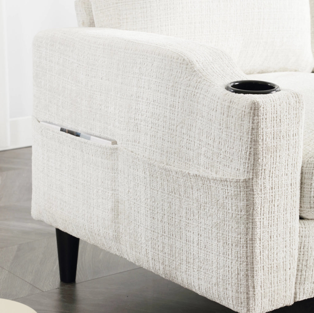 Divano 4 posti beige con pouf contenitore in ciniglia; porta-bicchieri e tasche laterali HOMVRA