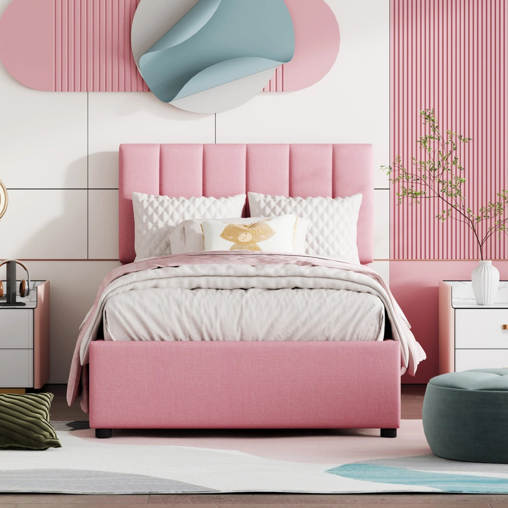 DESMIU Letto per Bambini 1 Posto con Contenitore Idraulico, Testiera Regolabile, 90 × 200 cm, senza materasso, Rosa