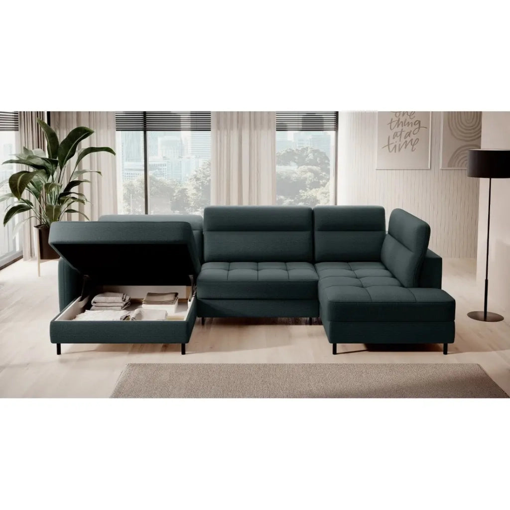 Divano angolare convertibile BERTHO 306 cm verde scuro – Angolo sinistro con contenitore