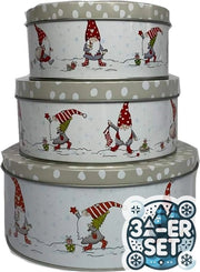 Set di 3 scatole per biscotti in metallo, scatola per biscotti, rotonda, personaggio di Babbo Natale, grigio-bianco a strisce, grigio coperchio, 14-20 cm