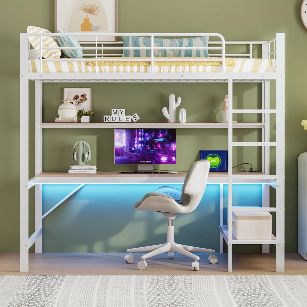 Letto a soppalco 90x200 cm con scrivania, ripiani, LED, USB e presa