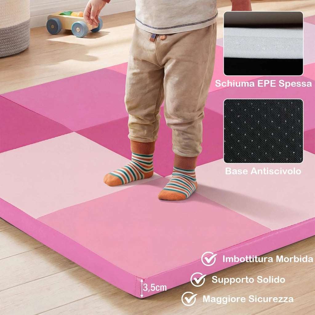 Tappeto Gioco Pieghevole, 144 x 144 cm, Tappetino da Ginnastica con Pelle Impermeabile, Tappeto da Pavimento per Cameretta (Rosa)