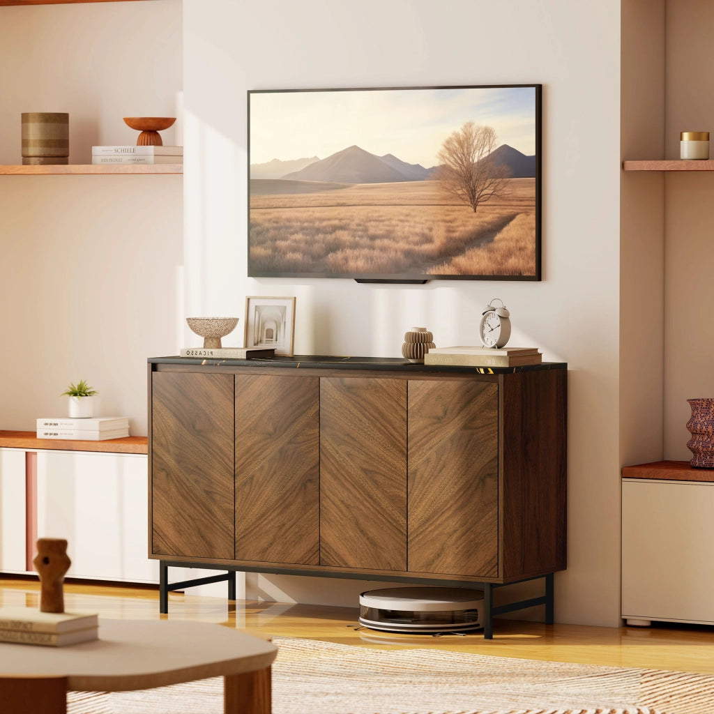 Mobile TV con 4 ante, ripiani regolabili, effetto marmo ¨C zephmum ¨C 120x39x76cm noce