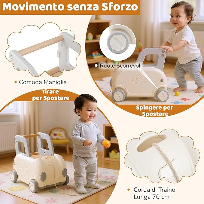 Girello Primi Passi per Bambini, Carrello a Spinta con Contenitore, Sedile Ribaltabile e Ruote, Organizzatore per Giocattolo, per Cavalcare, Camminare e Trainare, per Bambini 18-36 Mesi